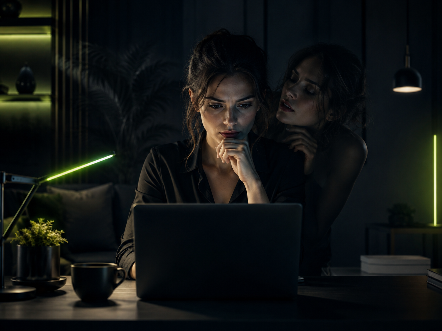 Mulher focada em notebook em ambiente escuro com iluminação verde-limão