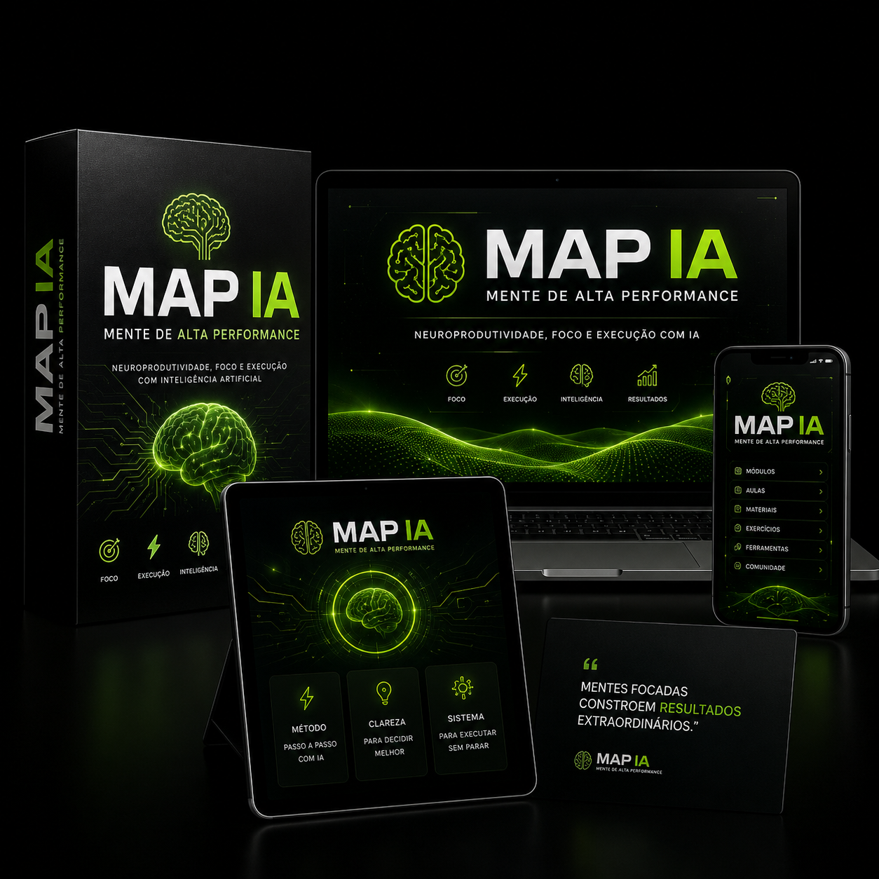 MAP IA apresentada em múltiplos dispositivos: caixa do programa, notebook, tablet e smartphone